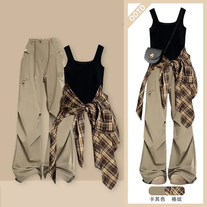 

2025 Women's Spring Autumn New Casual Tracksuit Matching Set Korean Elegant Loose Plaid Shirt+Vest+Cargo Pants Three-Piece Suit