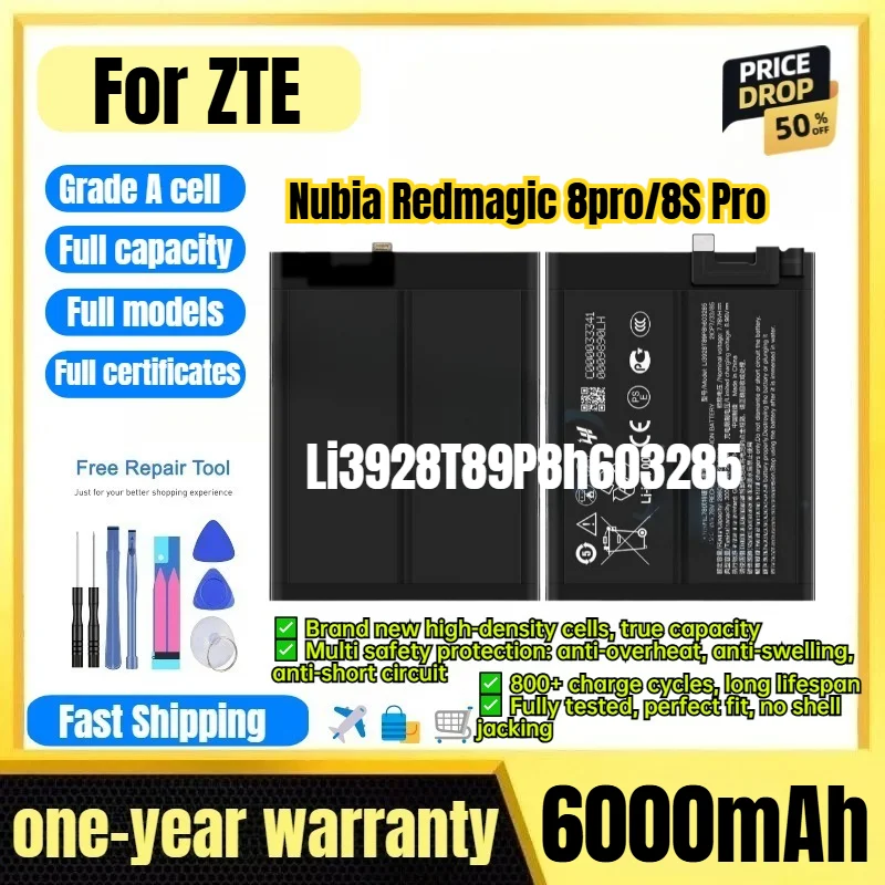 Li3928T89P8h603285 for ZTE Nubia Redmagic 8pro/8S Pro Phone Battery 0 Cycle High Capacity Battery Replacement Bateria with Tools