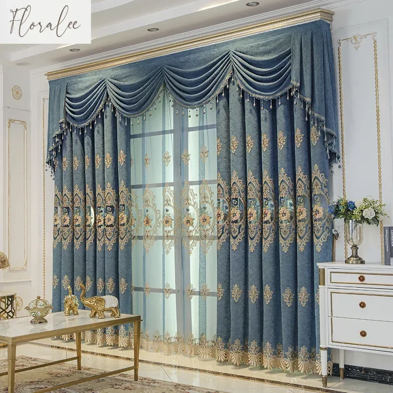 

New Chenill Thickened European Embroidered Curtains For Living Room Bedroom Dining Blackout Blue Luxury Custom Size Retro Decor