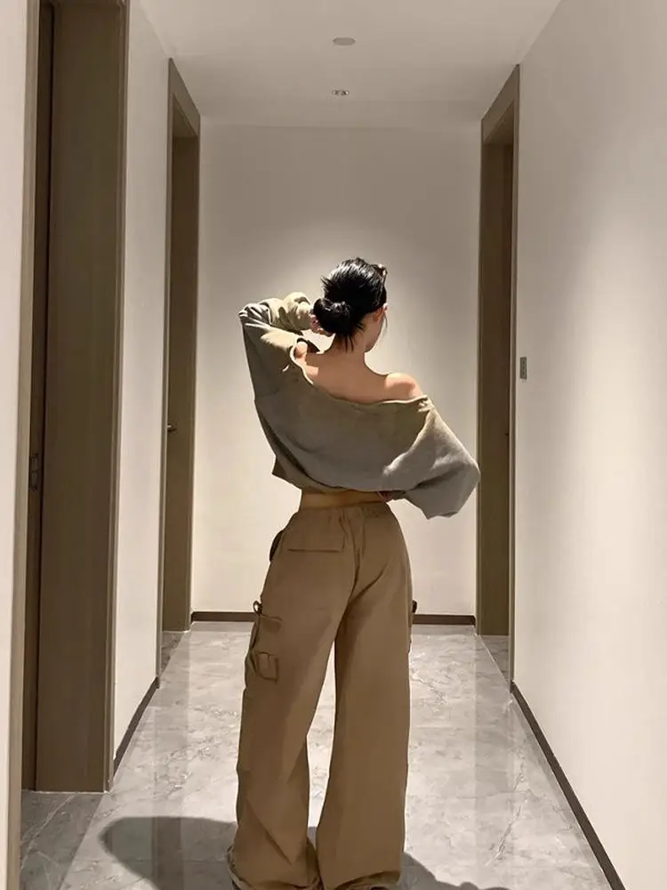 韓国風スレッドストリングオフショルダーヴィンテージオンブレスウェットシャツ女性用秋のゆったりとした美しいユニークなロングスリーブミートコン...