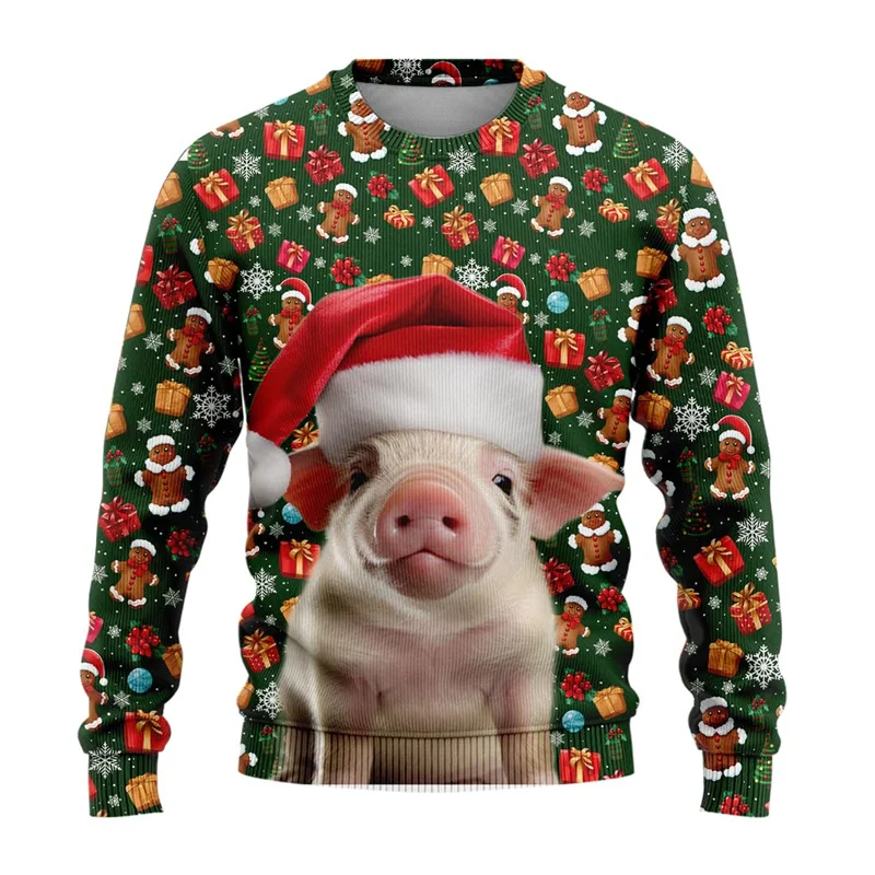 3D Printed Pig Duck Rabbit Hoodie For Men Christmas Decorations Pattern Sweatshirt Autumn Casual Long Sleeves Round Neck Tops