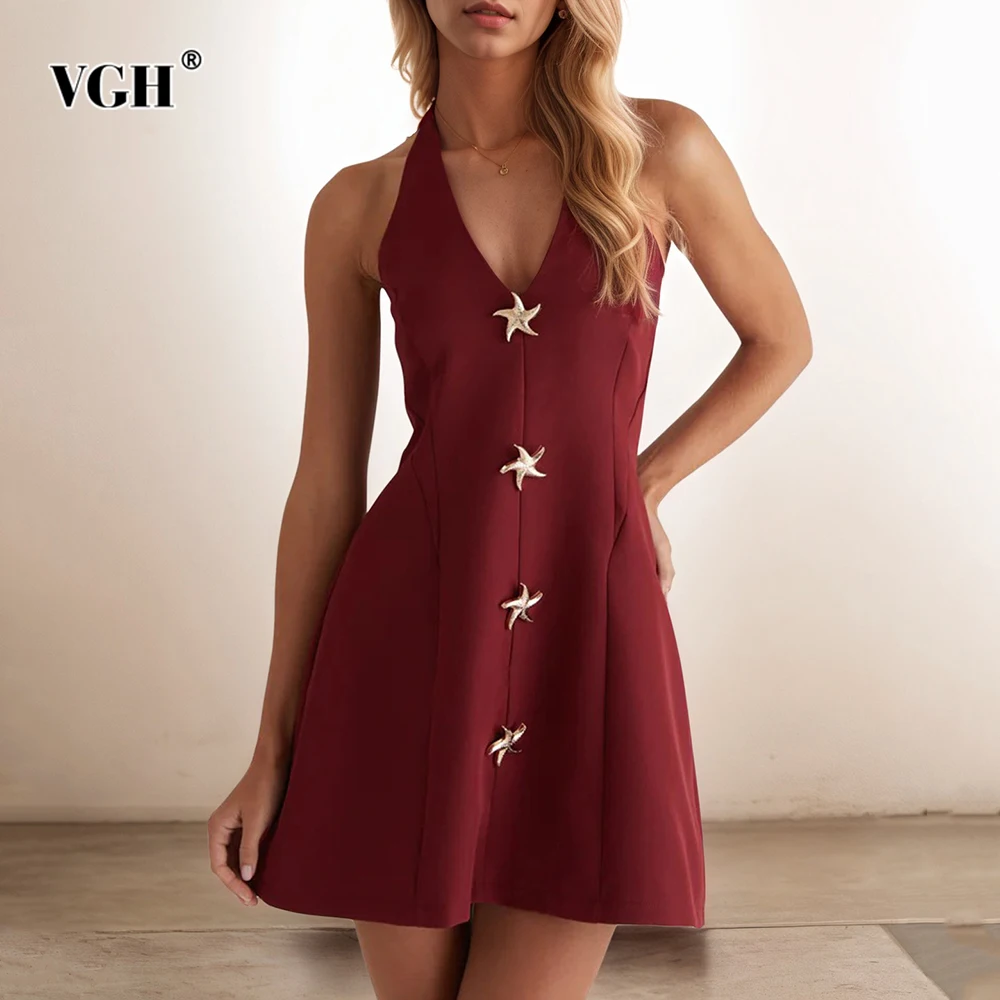 

VGH Elegant Vintage Slimming Spliced Button Dresses For Women V Neck Sleeveless High Waist Temperament Dress Female Fashion New