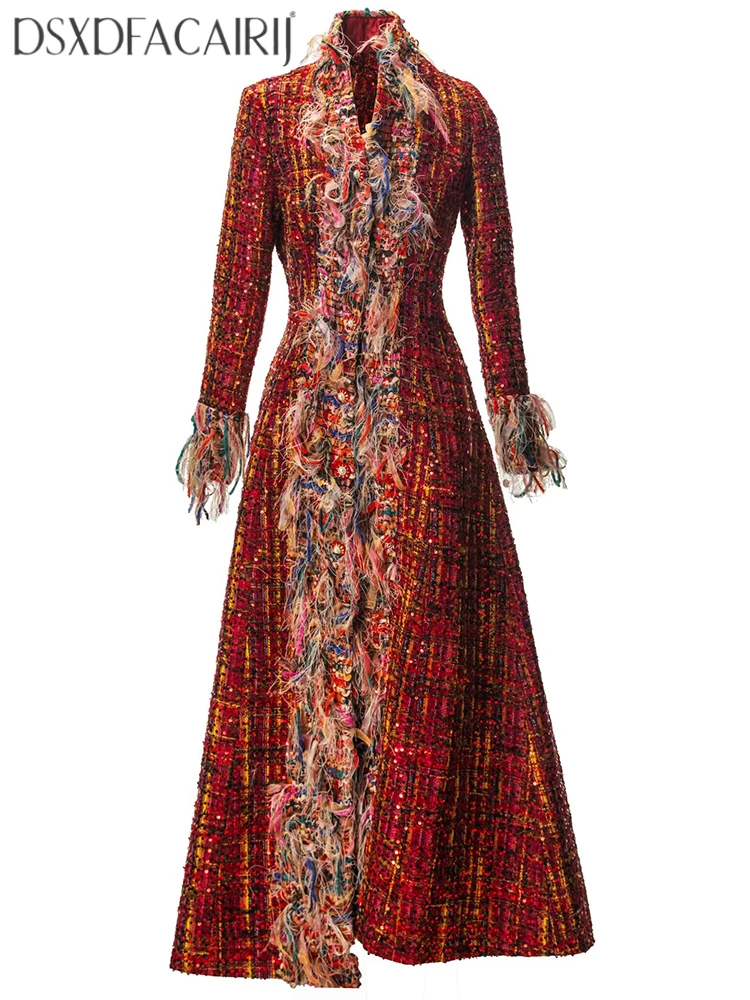 

DSXDFACAIRIJ Women's Sequins Plaid Tassel Single-Breasted Stand Collar Long Sleeve Coat Streetwear Outerwear for Autumn