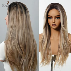 EASIHAIR 여성용 스트레이트 레이어드 헤어라인 레이스 합성 가발, 다크 브라운 금발 하이라이트 가발, 자연스러운 헤어라인, 데일리 파티 사용