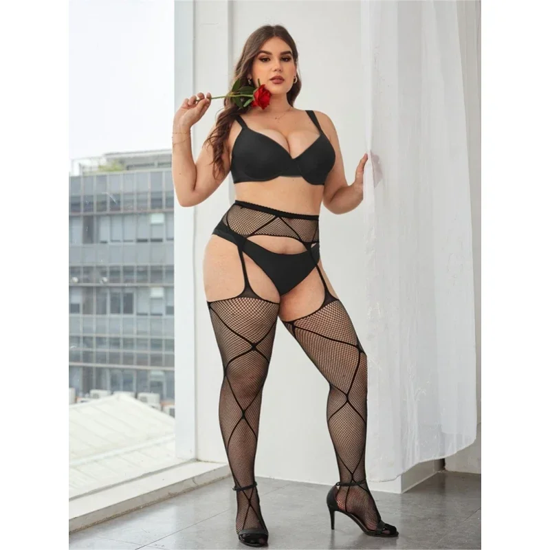 Sexy Large Plus Size Womens Easticity Body Stocking Fishnet Pantyhose Mesh Tights Lingerie Thigh High Waist Stockings Plus Size