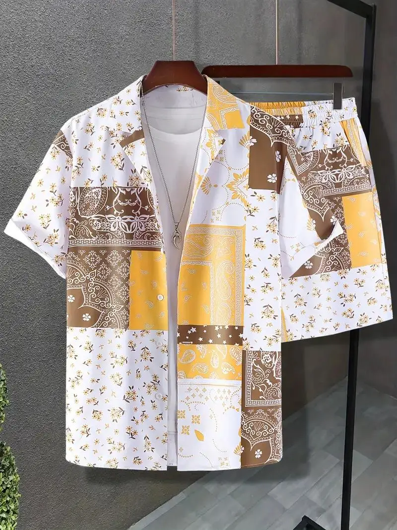 

Retro Hawaiian Ethnic Style Shirt, Men's Summer Shirt Set, Paisley 3D Printed Shirt And Shorts Set