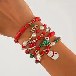 PuRui Vintage Mixed  5Pcs/Set Christmas Tree Santa Claus Pendant Bracelet Women Red Soft Ceramic Beads Bangles Jewelry Gift New
