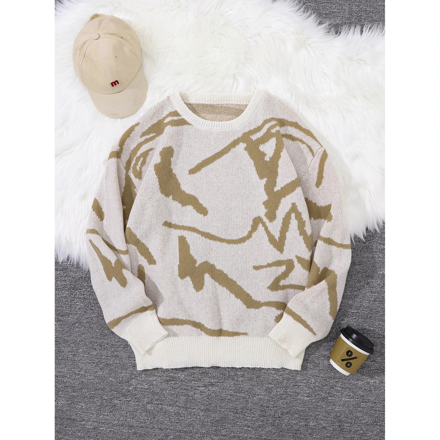 Modny, luźny, długi sweter z okrągłym dekoltem, dzianinowy, idealny na jesień i zimę, stylowy streetwear, wygodny i swobodny top.