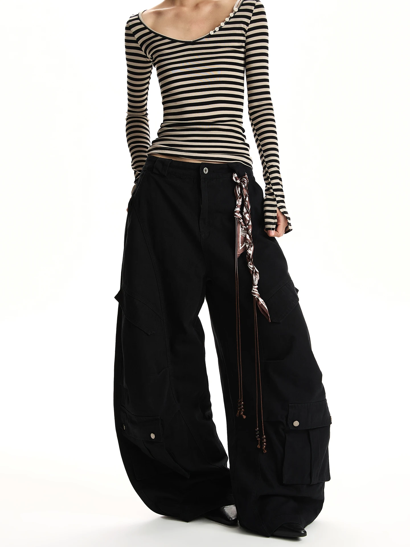 

Женские прямые брюки в американском ретро-стиле с подвесной сумкой для инструментов, свободные, с высокой талией, широкие штанины, повседневные, из хлопка