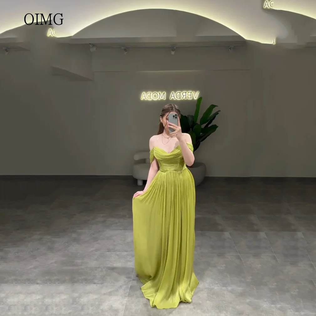 

OIMG Modern Off The Shoulder Green A Line Prom Gowns Backless Pleated Party Gown Floor Length Evening Dress Customized