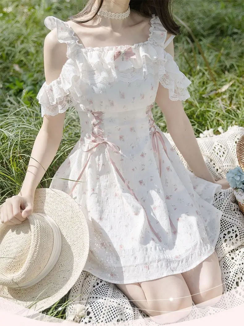 فستان ياباني حلو مكشوف الكتفين مزين بالزهور فستان نسائي موضة جديدة Kawaii Harajuku لوليتا فساتين جمالية جميلة ملابس خرافية