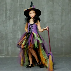 2023 Halloween Girls Witch Tutu Cosplay Dress Rainbow Trailing Tulle Kids Carnival Party Dress Children Gown Dress Witch Costume