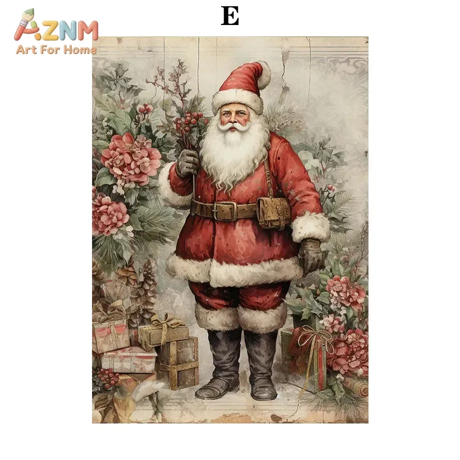 AZNM Vintage Santa Claus Canvas Wall Art Retro Old Fashioned Xmas Gift Floral Holly Antique Texture Print Unframed Canvas Christ