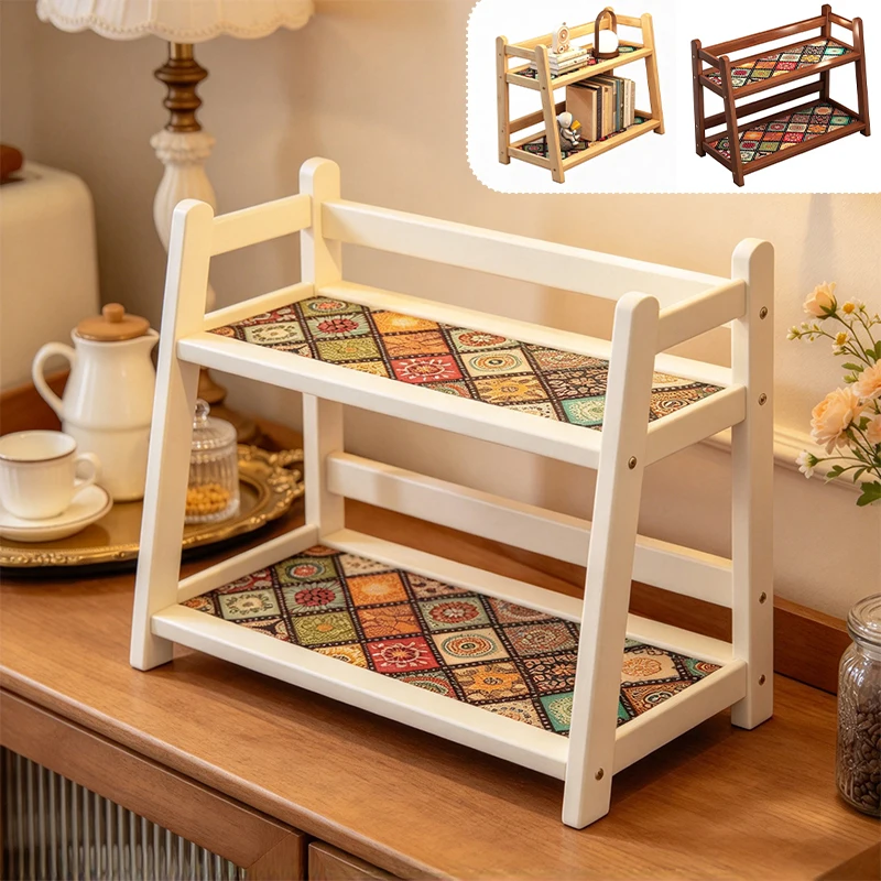 2 Tier Bamboo Desktop Storage Shelf Boho Patchwork Tabletop Organizer with Guardrail Multi Function Desk Book Cup Display Rack