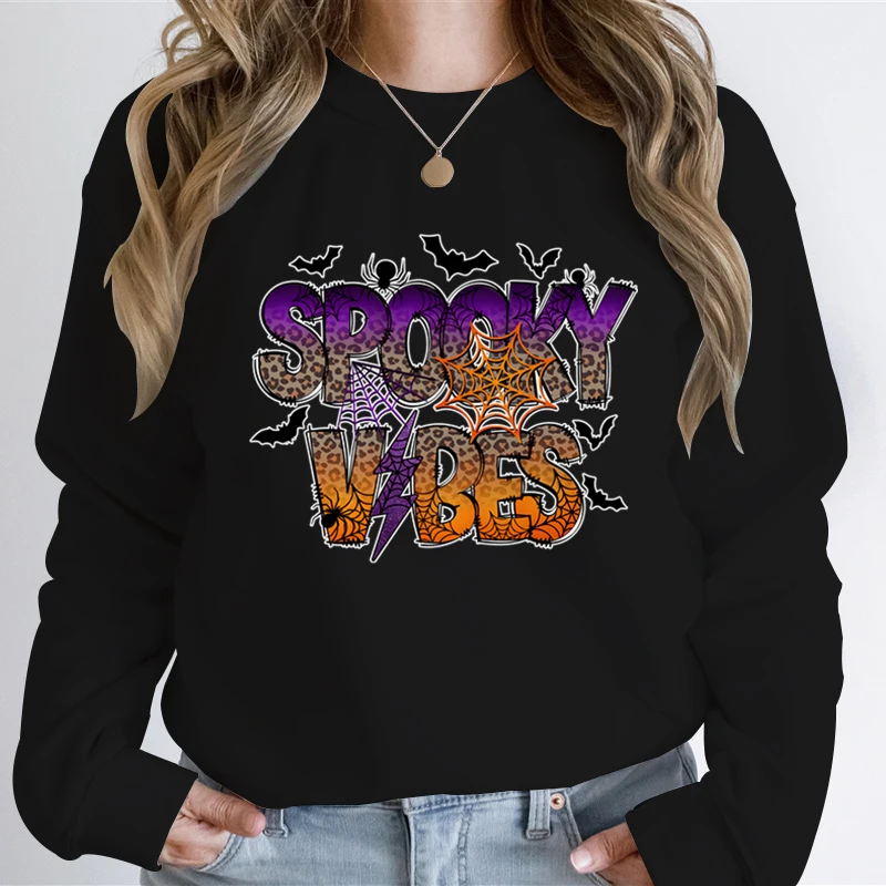 Women's Sweatshirts Funny Halloween Leopard Spooky Vibes Classic Hoodie Female/Male Retro Spooky Vibes Halloween Gift Sweatshirt