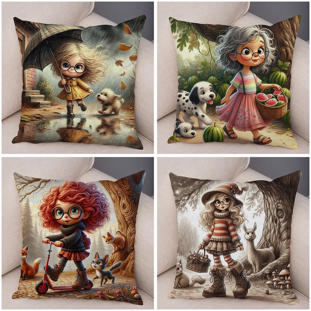 Poszewka na poduszkę Cute Cartoon Forest Girl and Pet Dog z podwójnym nadrukiem na sofę Poszewka na poduszkę 40x40cm Miękka pluszowa poszewka na