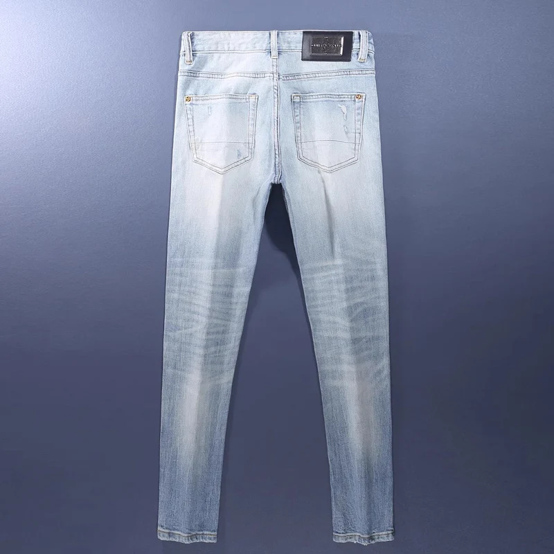 

Street Designer Fashion Men Jeans Retro Light Blue Stretch Slim Patched Ripped Jeans Men High Quality Y2K Vintage Denim Pants