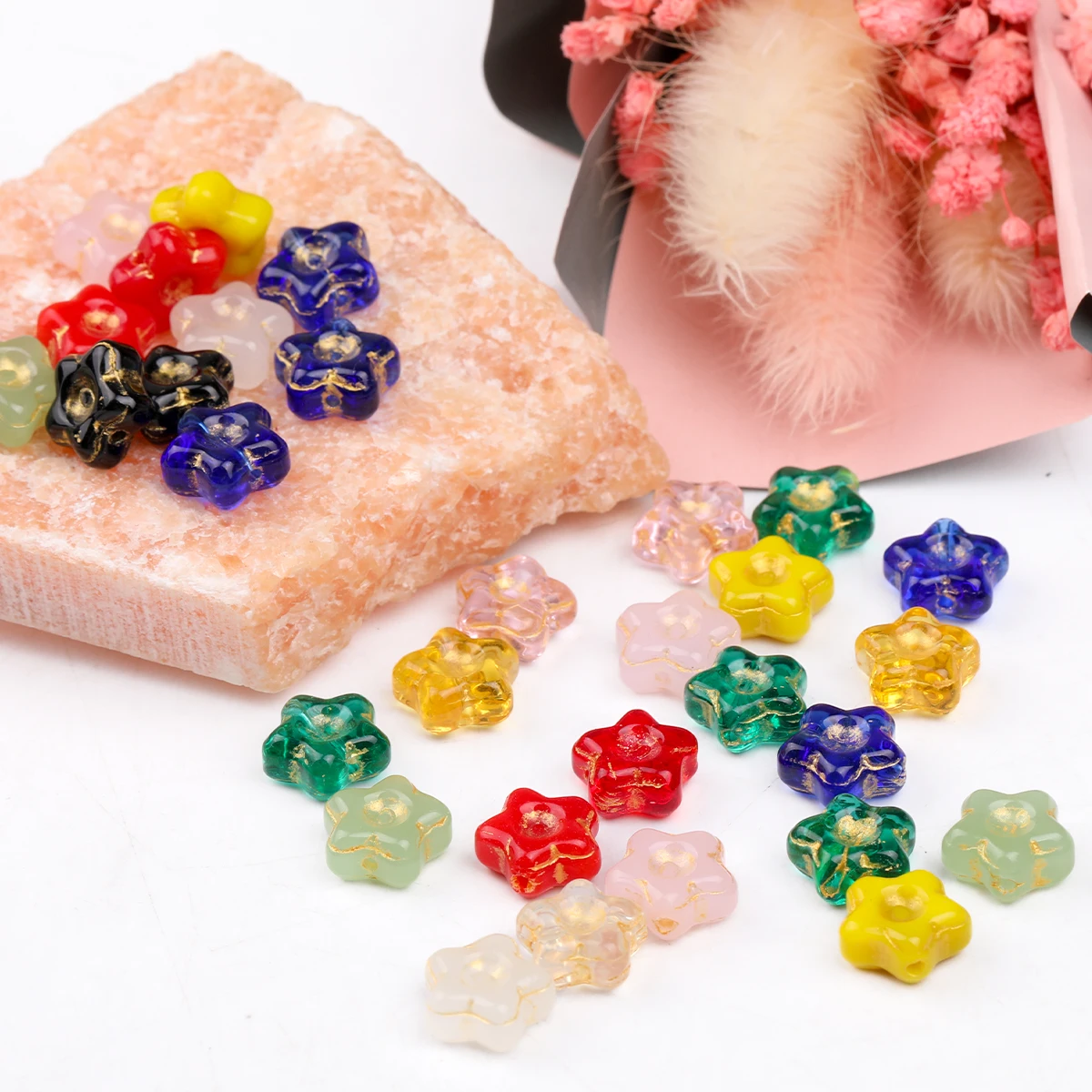 10pcs/20pcs Multicolor Czech Glass Beads Frangipani Shape Glass Beads with 1.2mm Drilled Holes Beads for Pen Making Loose Spacer