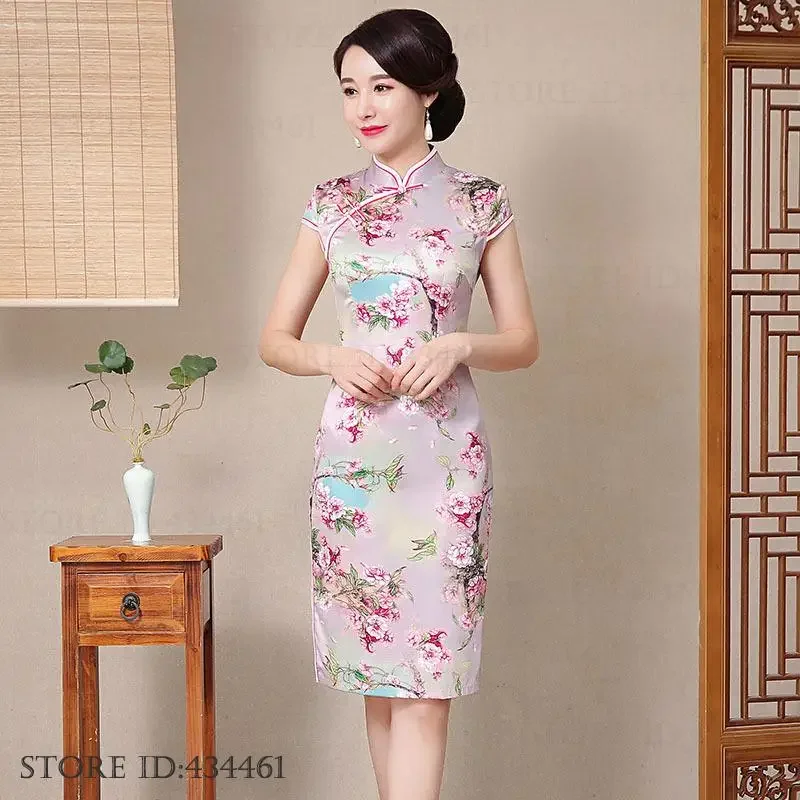 

Pink Print Flower Cheongsam Traditional Chinese Female Qipao Summer Satin Women Dresses Elegant Formal Party Gown Vestidos