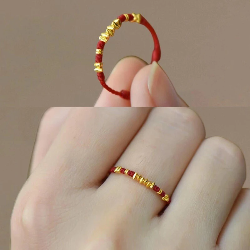 Bohemian Chinese New Year Lucky Braided Ring Golden-Toned Knot & Auspicious Red Cord Charm Casual Attire Lunar Celebration Gift