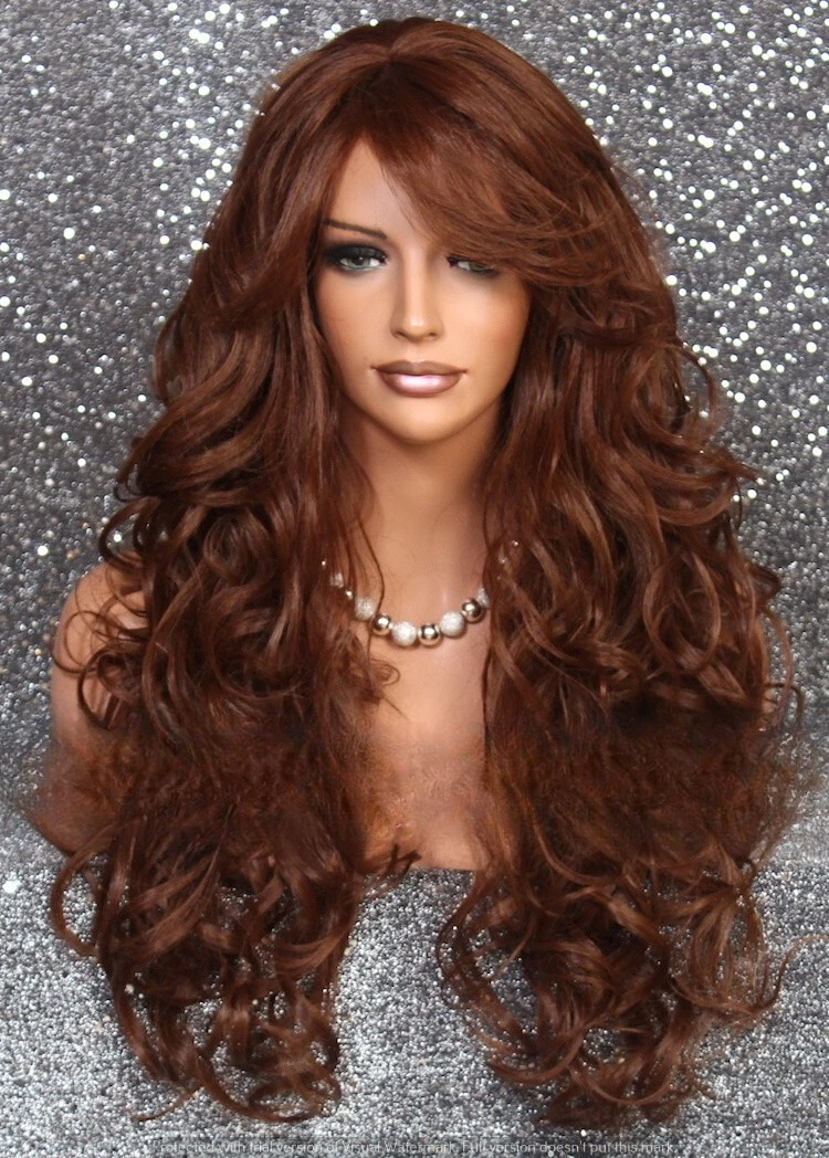 

Hair Blend Wig Heat OK Curly Long Auburn mix Bangs Layered 30-27 WBBT
