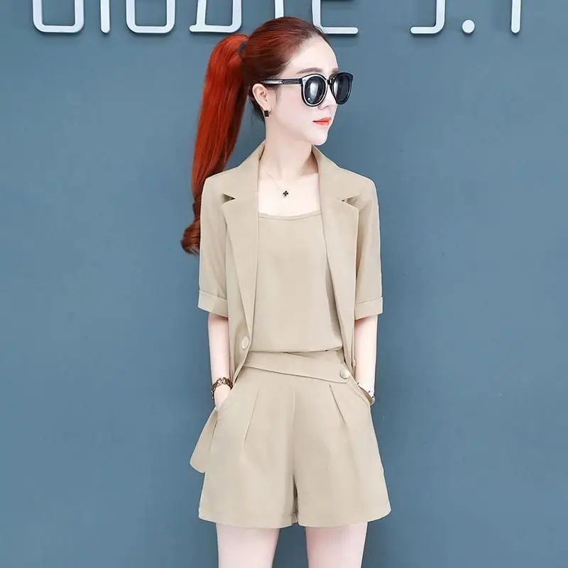 

Women's Fashion Office Suit 2022 Summer New Korean Casual Crop Tops Overcoat Camisole Shorts Three Piece Set For Women Clothing