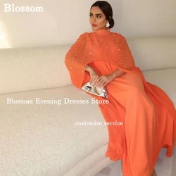 Orange Elegant Women Shawl Prom Dresses Sequins High Collar Loose Evening Dresses 2024 Arabia Party Gown فساتين مناسبة رسمية