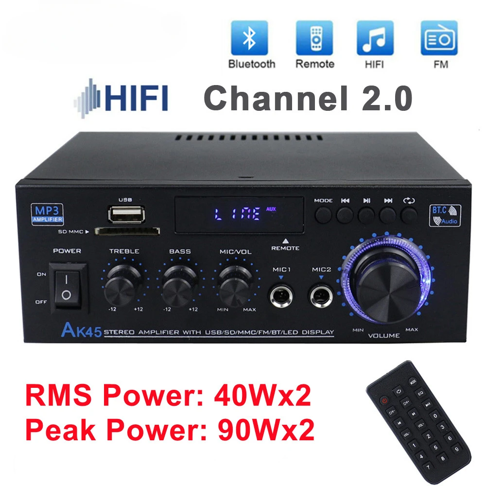 AK45 HiFi Digital Amplifier Bluetooth MP3 Channel 2.0 Sound AMP Support 90V-240V for Home Car MAX 350W*2 FM Bass Speaker