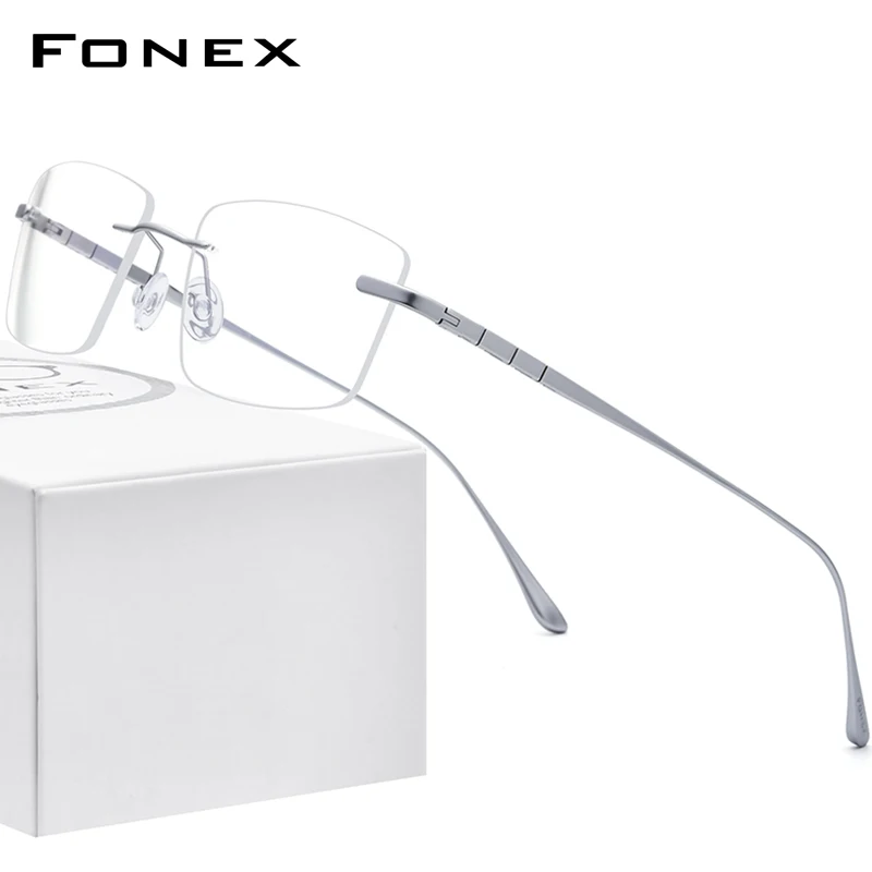 FONEX Pure Titanium Eyeglasses Frame Men Brand Design Rimless Square Glasses Frameless Japanese Ultralight-Weight Eyewear 8555