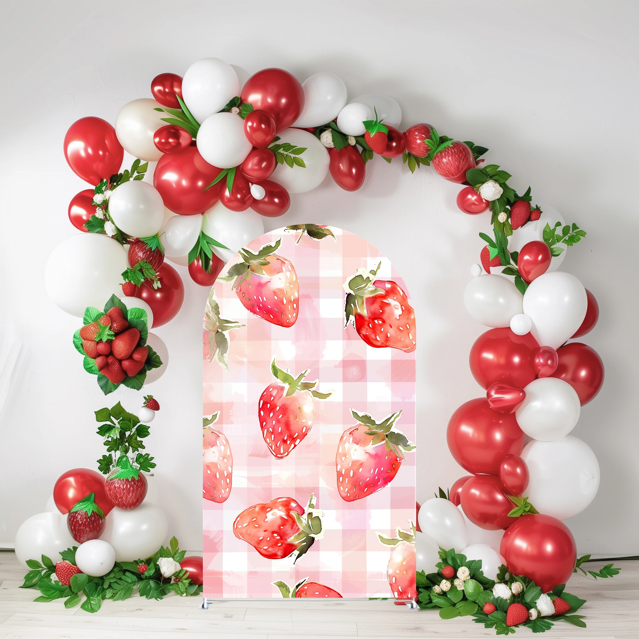 Strawberry Arch Backdrop Cover,Sweet Strawberry Arched Stand Cover,Birthday Party Decor,Double-sides-Elasticity-Washable