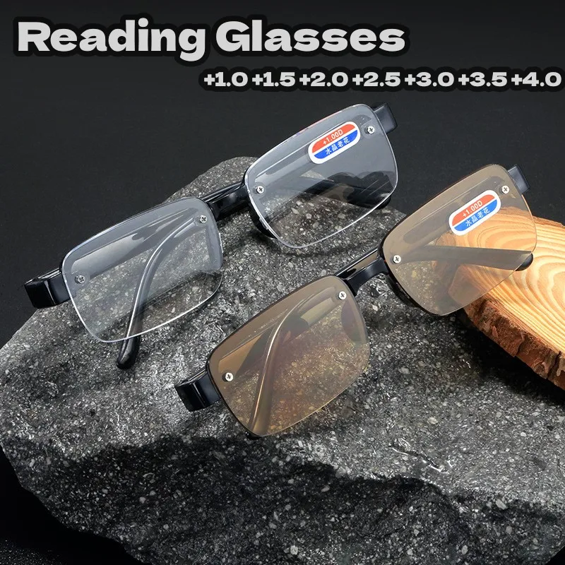 

Fashion Crystal Men's Business Reading Glasses Women Natural Original Stone Vintage Half Frame Square Presbyopia Eyeglasses