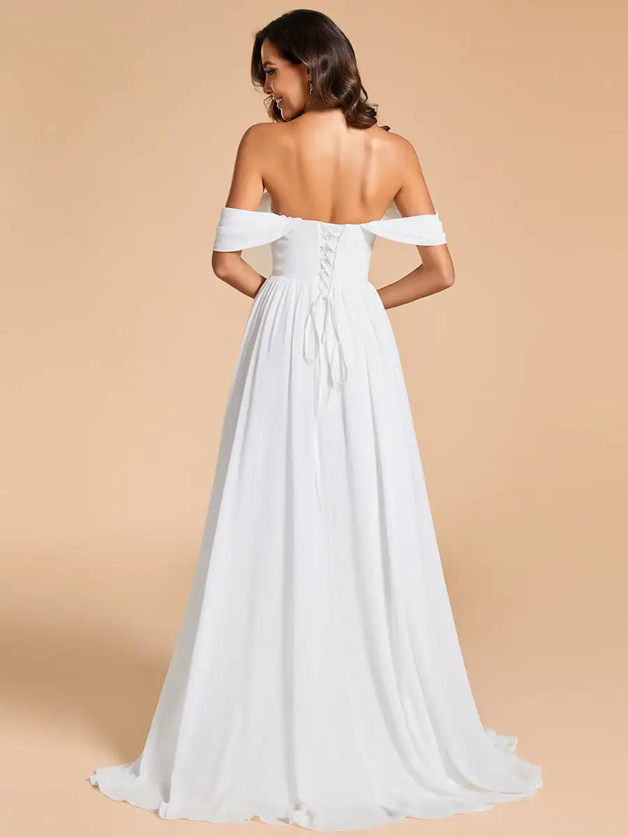 Elegante Trouwjurken Off Shoulder Veterrug Met Halve Mouwen 2024 Altijd Mooi Van Chiffon Witte Prom Vrouwen Formele Jurk