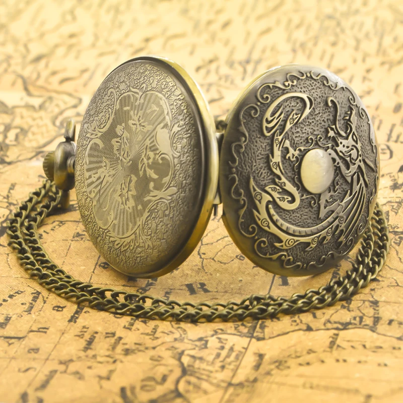 Vintage Bronze Steampunk Dragon And Dragon Beads Carved Quartz Pocket Watch Necklace Pendant Clock Chain Men Women Chain Gift
