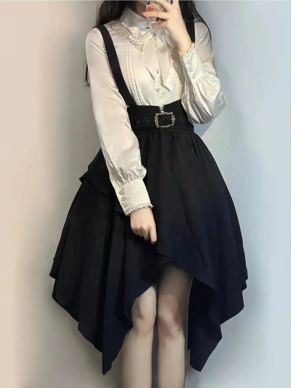 Japan Girl's Handsome Military Uniform Lolita Style Black Short Coat + Stand Collar White Shirt + Irregular Hem Mid-Length Skirt