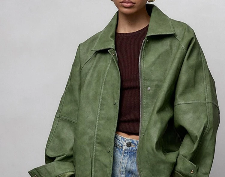 Fashion and Casual Loose Solid Color Leather Jacket, 2025 New Women's Clothing