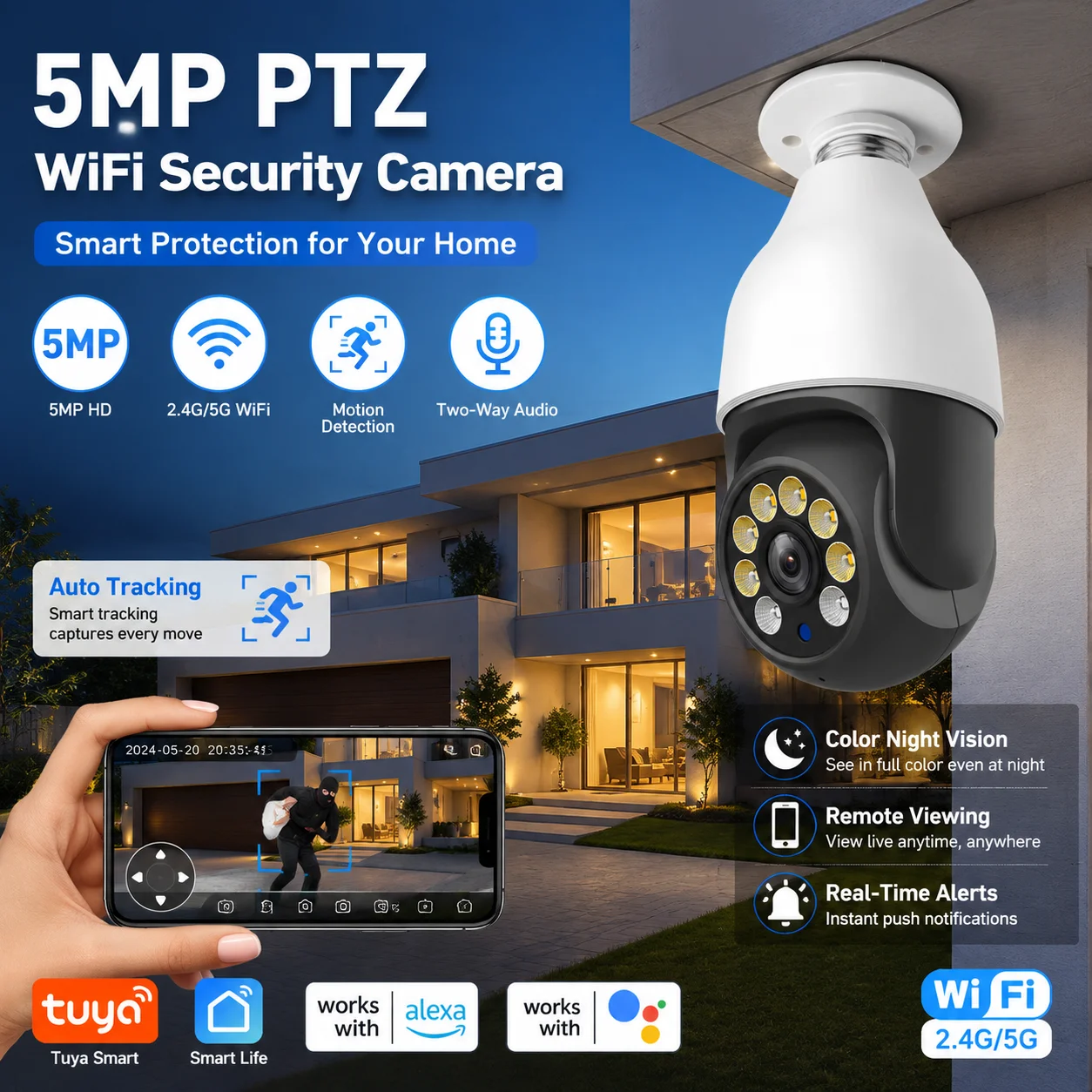 Tuya 5MP 5G WiFi Bulb Camera - E27 Screw PTZ Outdoor Security Cam with Color Night Vision, Smart Life CCTV Surveillance