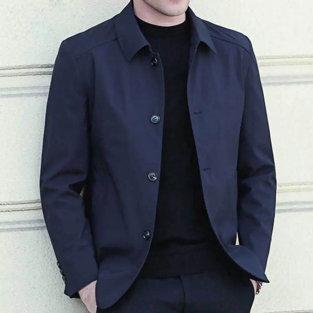 

Men Outerwear Elegant Men's Mid Length Business Jacket with Turn-down Collar Single-breasted Design for Fall Spring Season Men