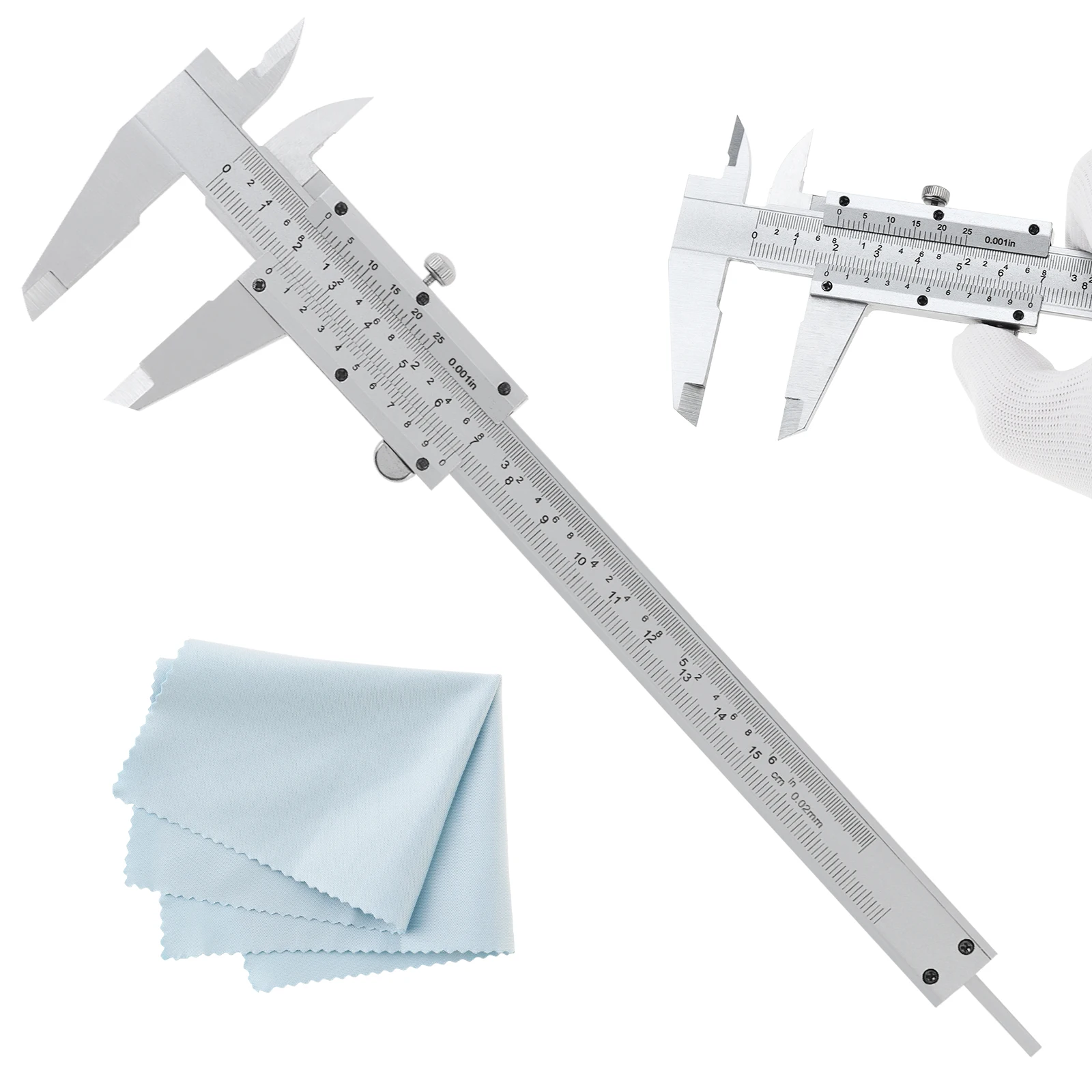 

2pcs/set 0-150mm/0-6inch Carbon Steel Metric & Imperial Double Scales Vernier Caliper Measuring Tool with Soft Cleaning Cloth