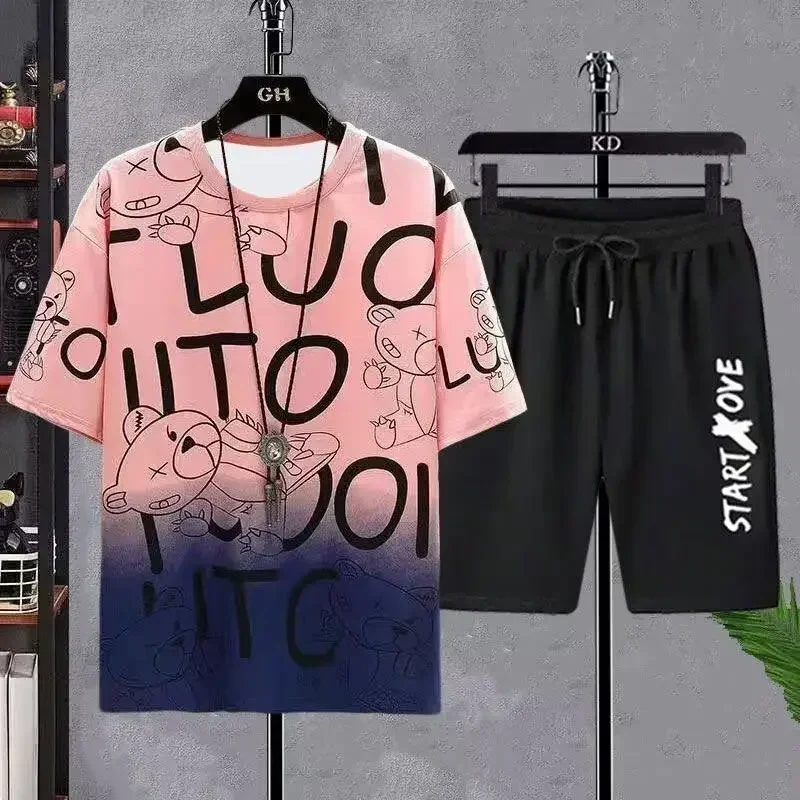 

Men's Summer Comic T-shirt, Bear Loose Graffiti T-shirt Set, Fashionable Sportswear, Men's Short-sleeved T-shirt, Sportswear, Me