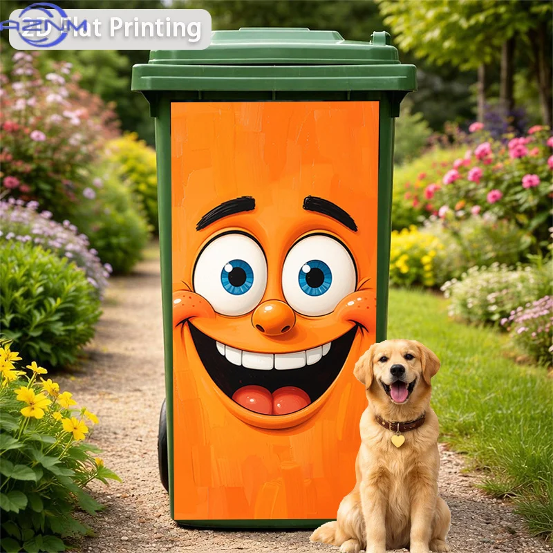 Trash Can Sticker Orange Grinning Happy Face Themed Design, Self-Adhesive Wall Decal Wallpaper for Kitchen Trash Can Decoratio