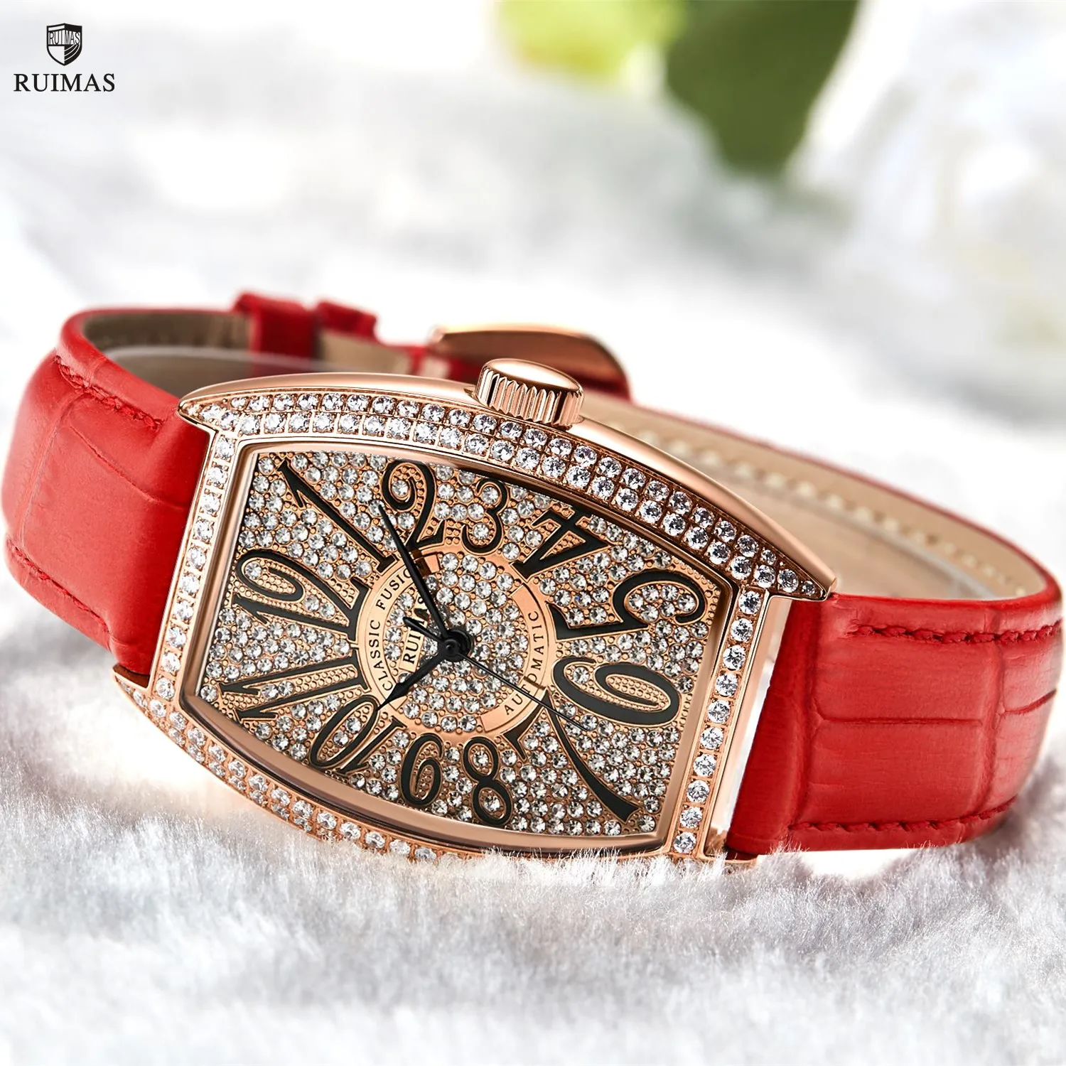 RUIMAS Luxury Diamond Women Automatic Mechanical Watches Waterproof Elegant Ladies Wrist Watch Clock Leather Reloj Mujer 6757