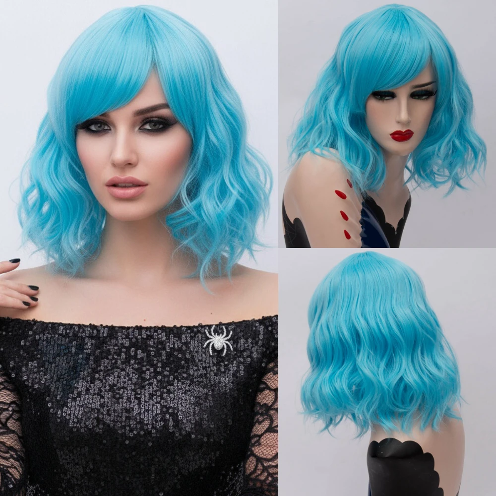 

Женский короткий волнистый синий парик для косплея, дизайн с боковой челкой, термостойкие синтетические волосы для Хэллоуина/вечеринки