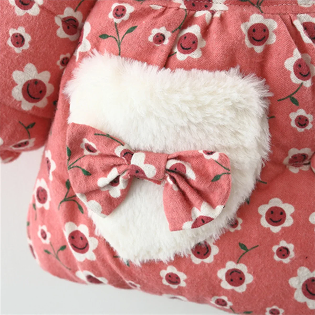 Winter Girl Cotton Coat Small Flower Love Bow Pocket Rabbit Ear Hooded Button Long Sleeve Plush Thickened Coat