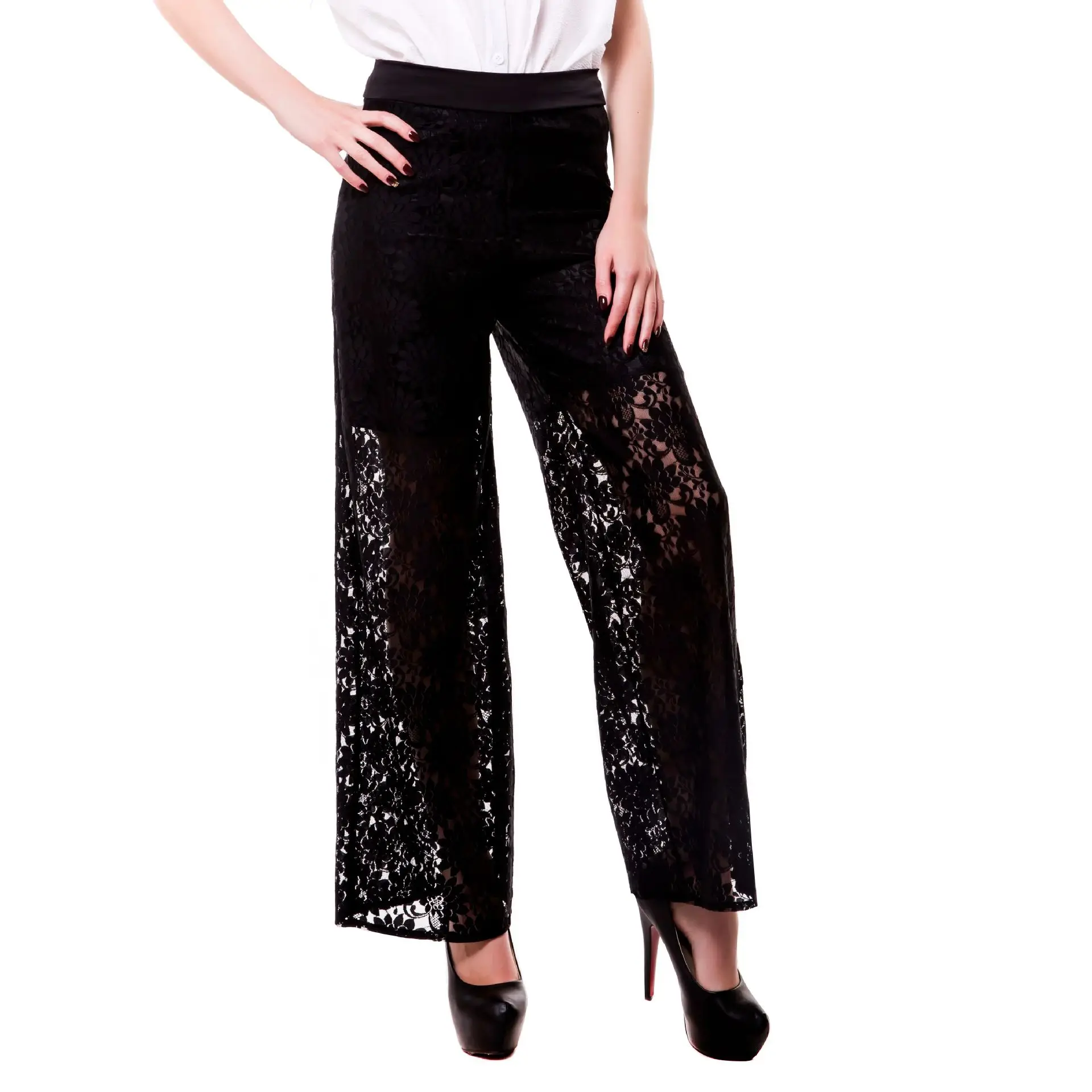 Costume da bagno donna Cover-up Pants Summer See-through Beach Wear pantaloni lunghi a gamba larga in pizzo pantaloni larghi larghi a vita alta