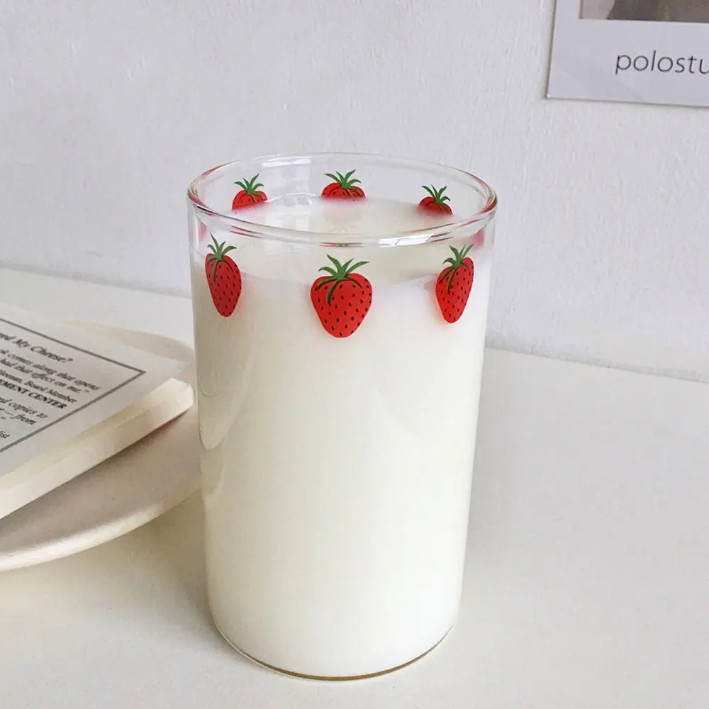 300ml Strawberry Cute Glass Cup With Straw Creative Transparent Water Cup Student Milk Heat Resistant Glass Nana