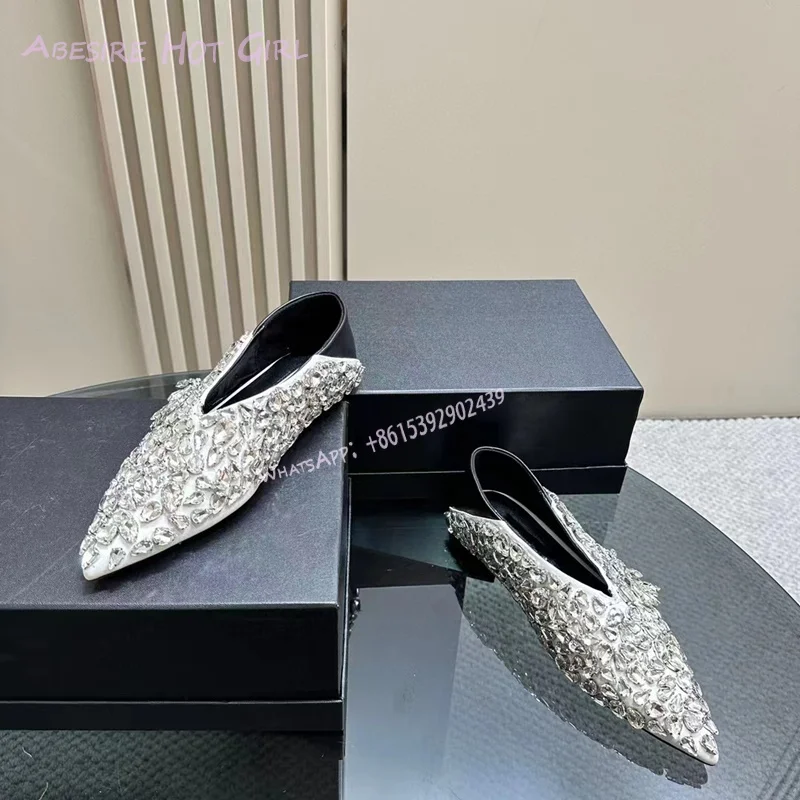 Light Yellow Satin Crystal Beads Flat Shoes Women Spring Mules Pointed Black Satin Slippers Jewelry Sequins Luxury Pump Sandals