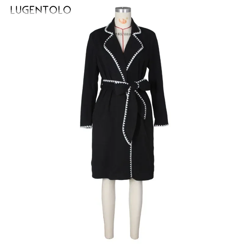 Women Wool Coats Fall-Winter 2024 New Vintage Notch Lapels Collar Elegant Long Warm Lace-up Trench Fashion Street Party Wear