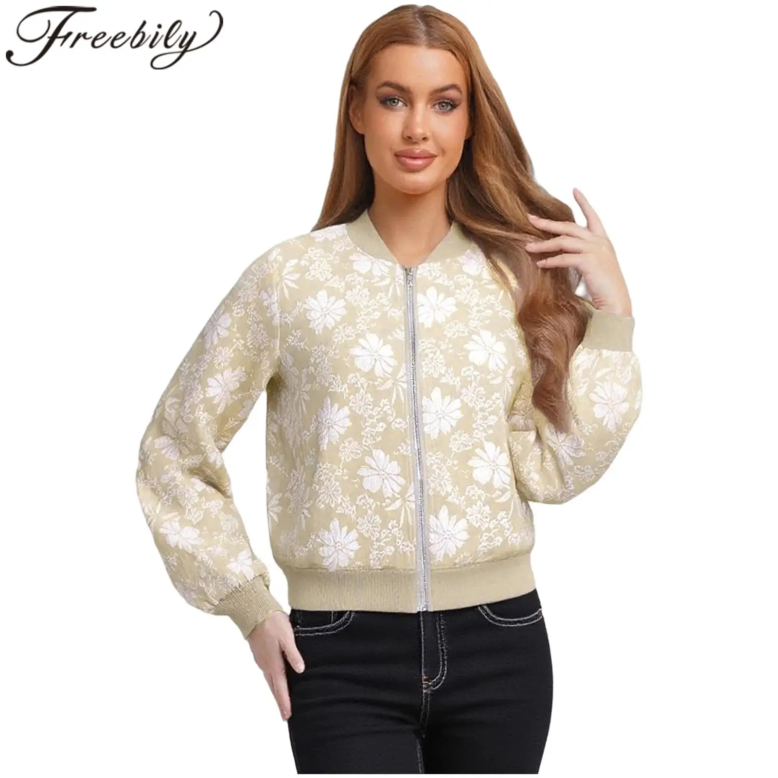 

Женская куртка-бомбер, изысканное жаккардовое пальто, уличная одежда, осенняя уличная одежда, женские пальто на молнии спереди с длинными рукавами, верхняя одежда