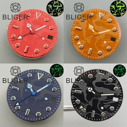 BLIGER 29mm Camo Painting Watch Dial With Full Glow C3 Green Luminous For NH34 NH35 Automatic Movement Date Window Black Orange