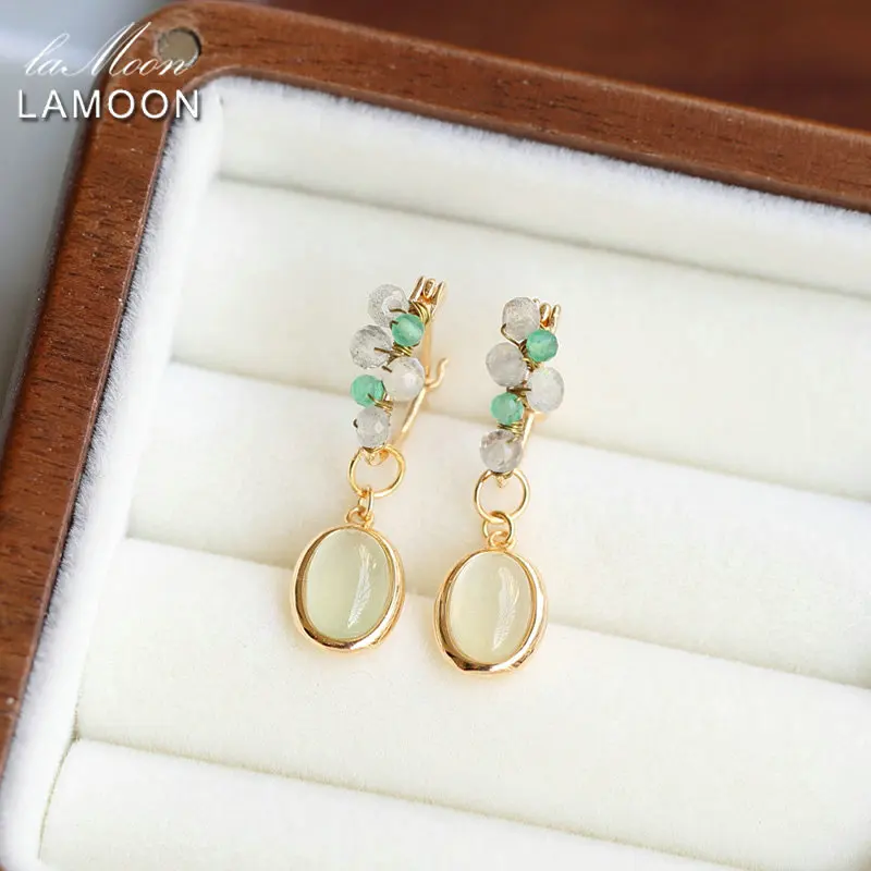 

LAMOON Natural Prehnite Dangle Earring For Women 925 Sterling Silver Gold Plated Fine Jewelry Exquisite Hand Made Grapes Earring